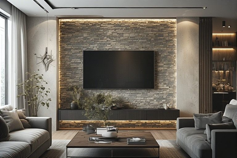 Textured accent wall showcase design.