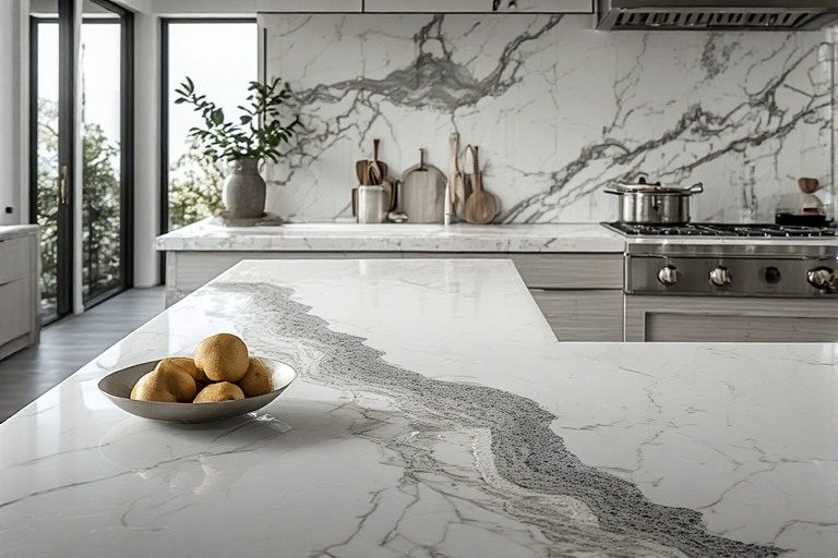 Alaska white kitchen granite slab with grey accents