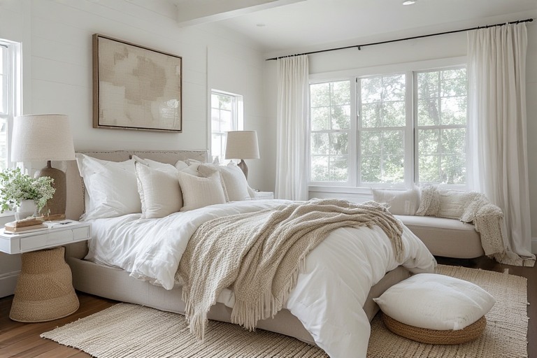 White Bedroom Design With Layred Texture