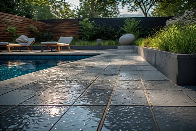 Safe anti-slip textured garden tiles for wet zones and pools