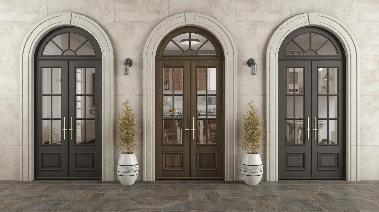 Arched and Geometric Door Frames with Slate-Textured Tiles.