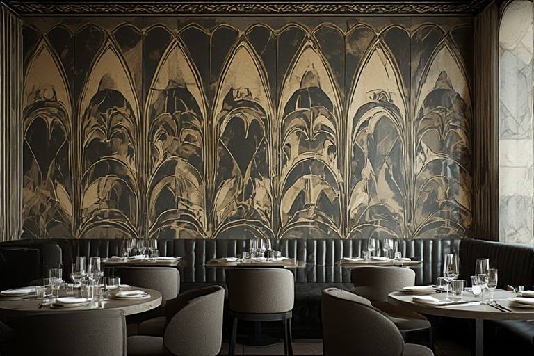 Art Deco restaurant design with geometric patterned wall tiles