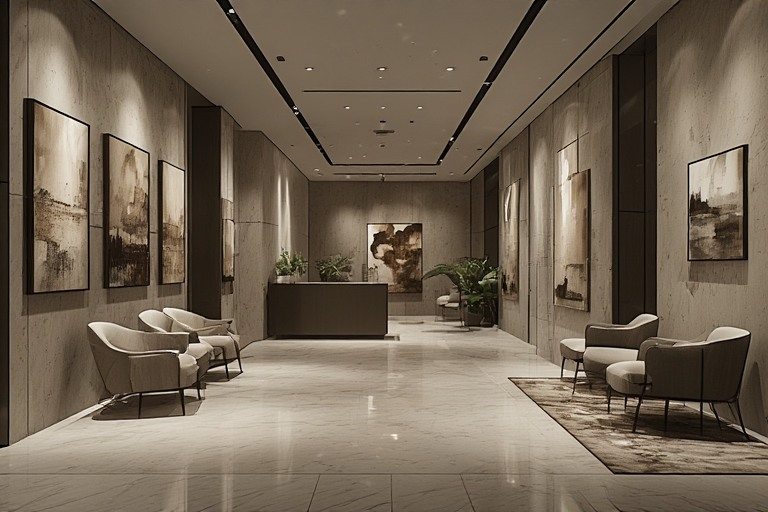 Art gallery-inspired lobby design featuring 3D textured wall tiles.