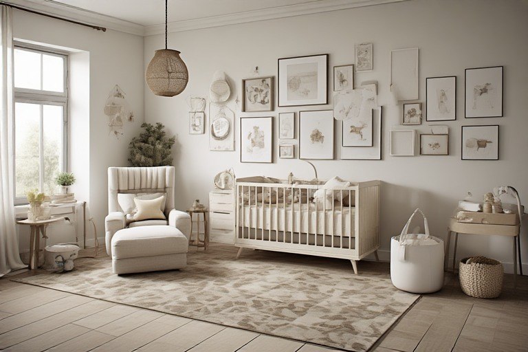 Artistic gallery wall baby room design with neutral beige flooring