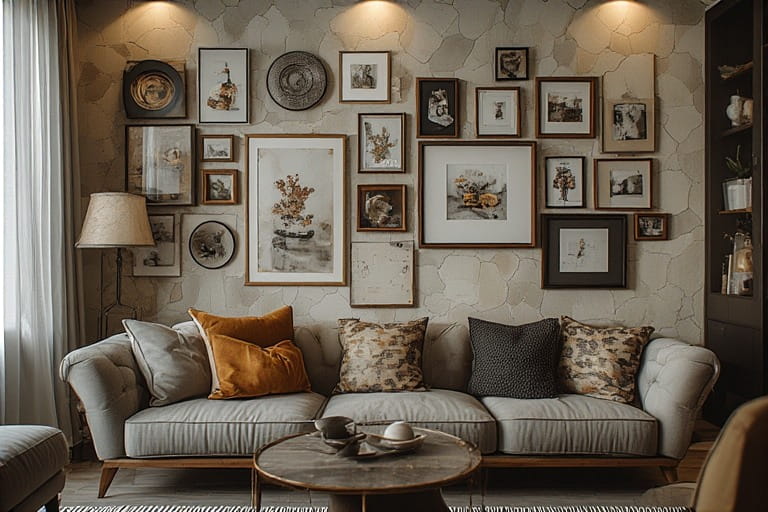 Artistic Gallery Wall with Textured Living Room Tiles