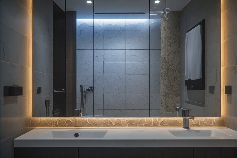 Modern backlit wash area design for a stylish utility ambience.