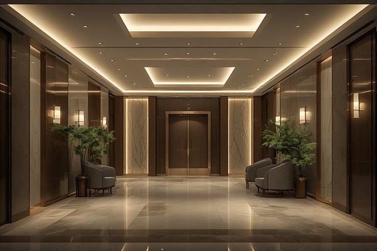 Backlit POP design for lobby featuring soft ambient panels
