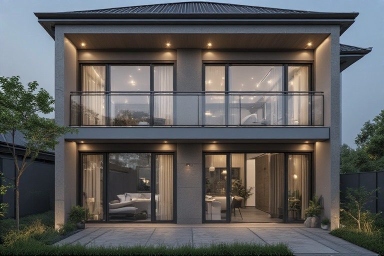 Balcony focused double floor normal house front elevation designs