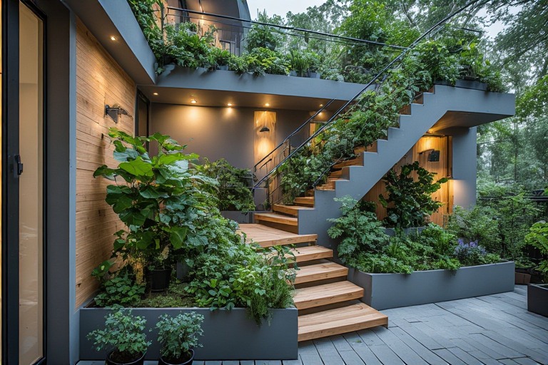 Balcony Staircase Design with Planters and Greenery
