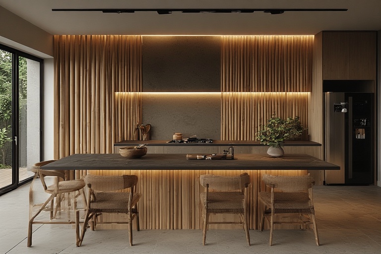 Bamboo or Natural Material Screens for Eco-Friendly Open Kitchen Partition