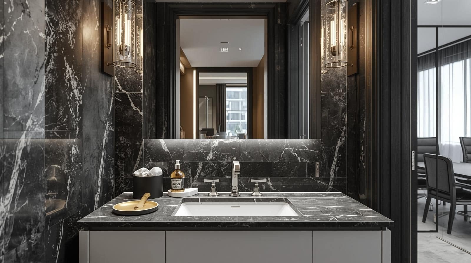 Bathroom Vanity Walls with Subtle Black Marble Texture.