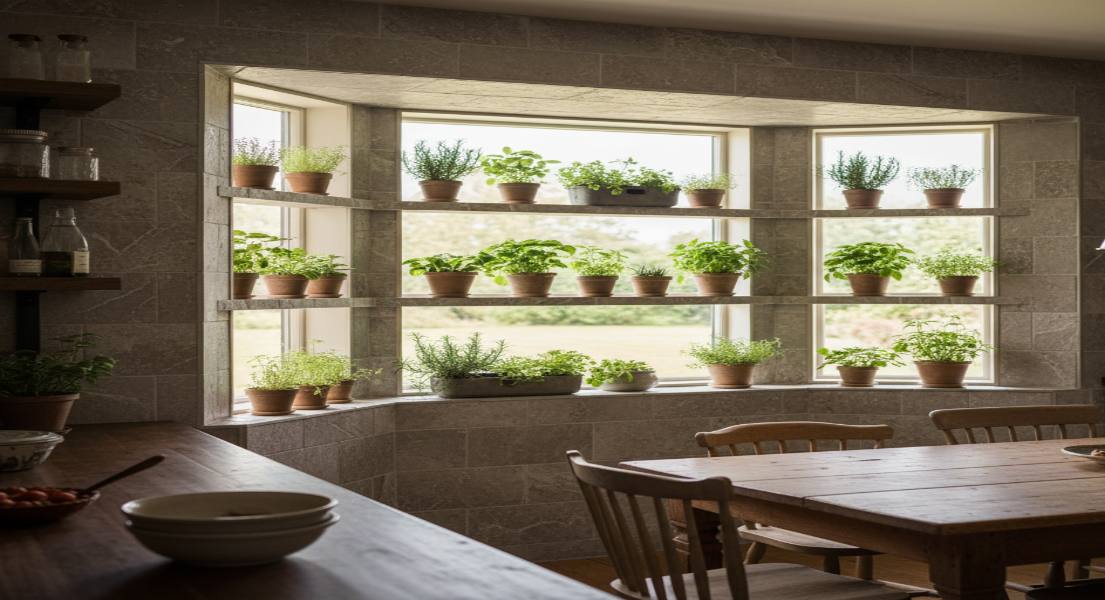 Bay Windows with Plant Shelves and Decorative Tiles