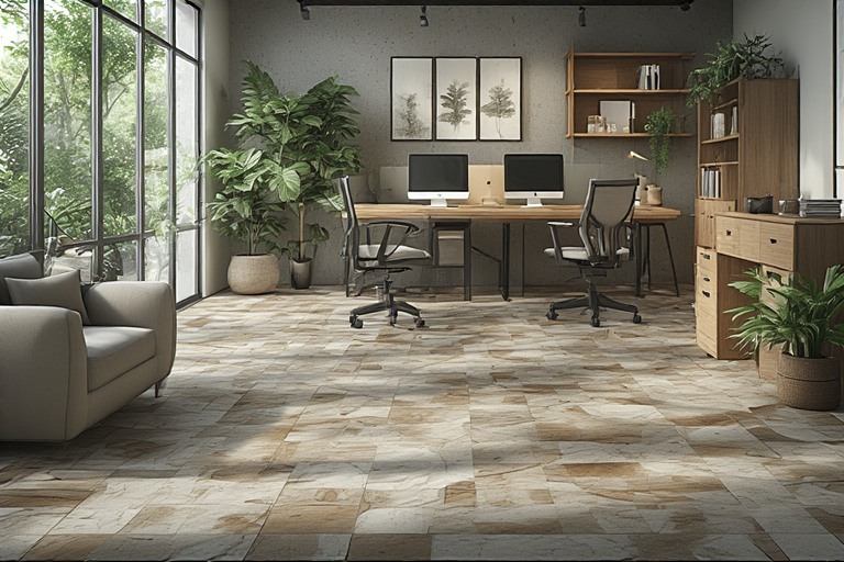 Biophilic small office interior design with natural textures