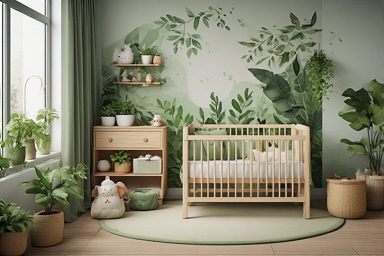 Biophilic baby room design with nature-inspired decor tiles and plants