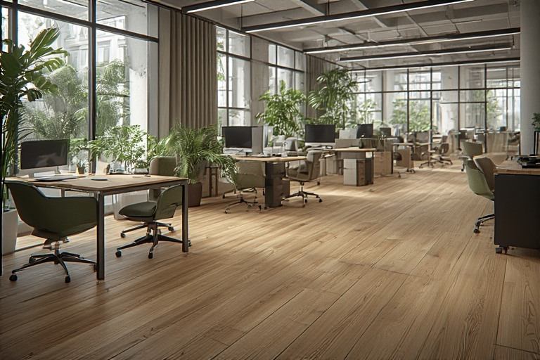 Biophilic office interior design using wood look floor tiles