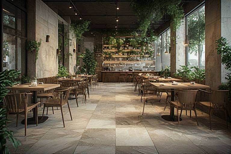 Biophilic restaurant design using natural stone finish floor tiles
