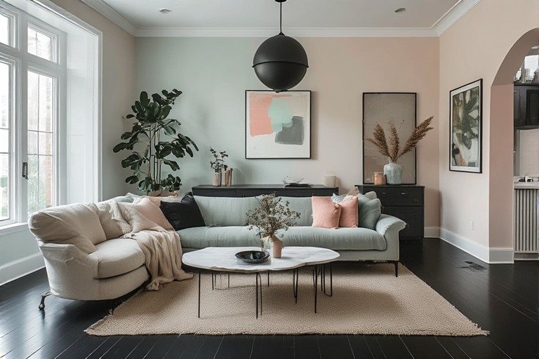 Soft black colour combination with pastel mint and peach