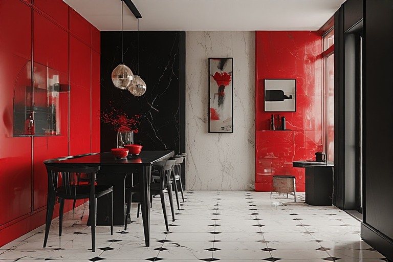 Bold black colour combination with red feature walls