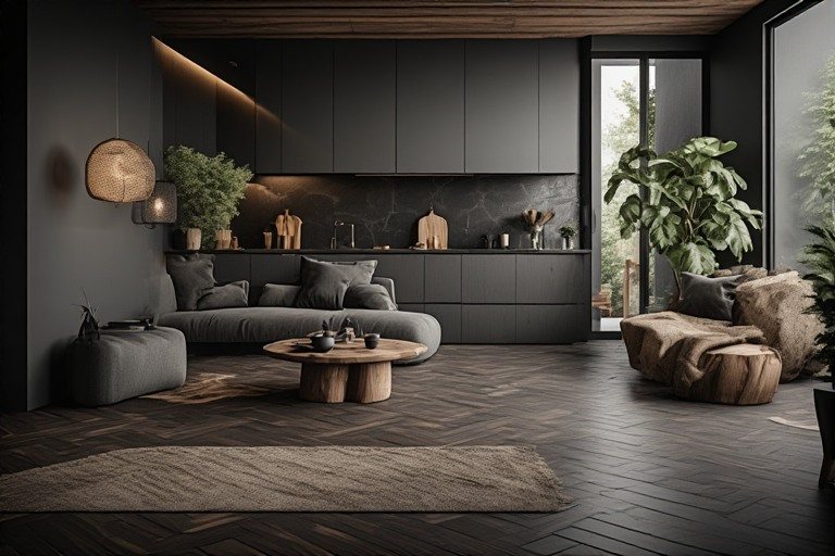 Warm black colour combination with natural wood textures