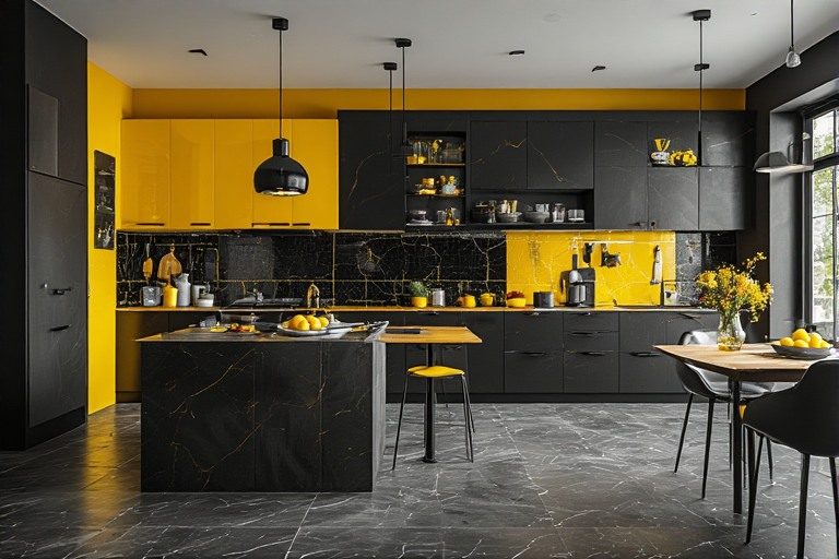 Vibrant black colour combination with yellow decor