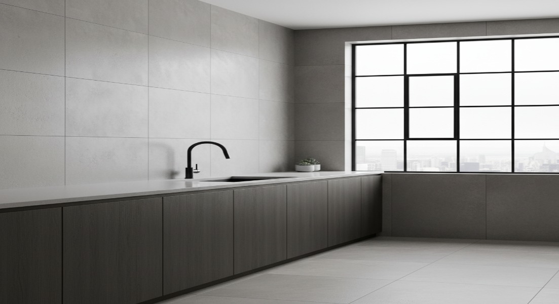 Black Framed Industrial Windows and Matte Finish Tiles