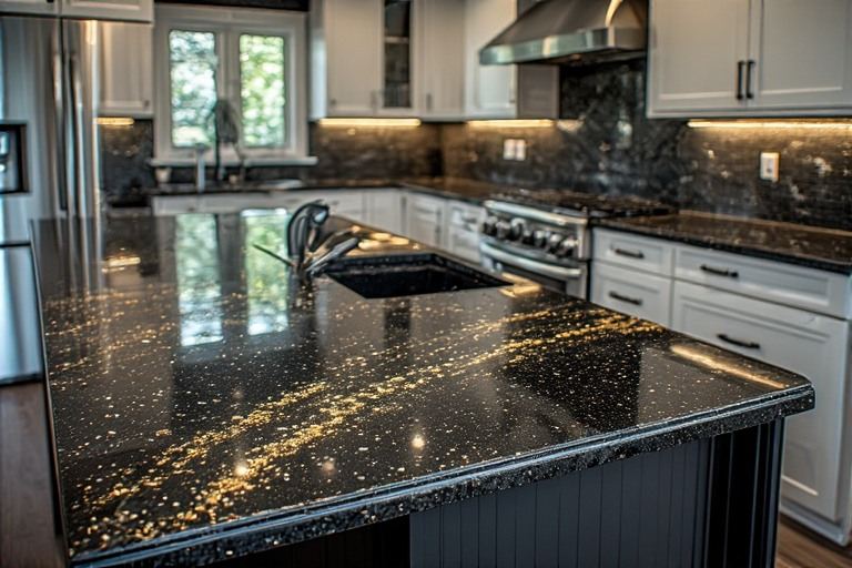 Black galaxy kitchen granite slab with gold specks