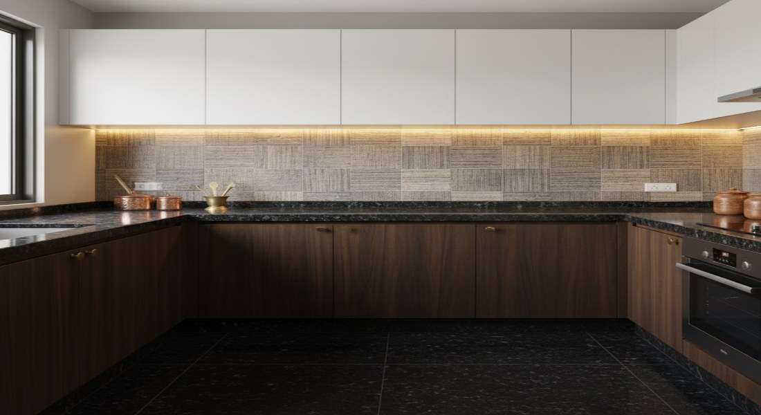 Black Granite Countertops Complemented by Textured Tiles