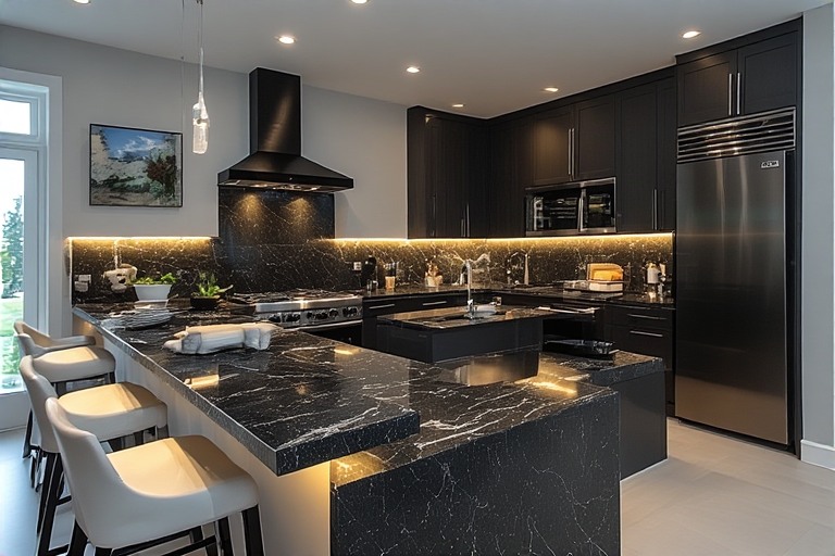 Modern Black Granite Kitchen with Under-Cabinet Lighting