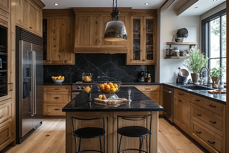 Modern Black Granite Kitchen with Wooden Cabinets