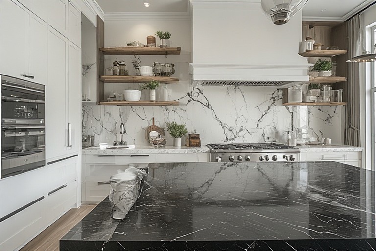 Black Granite with Marble Look Kitchen Tile