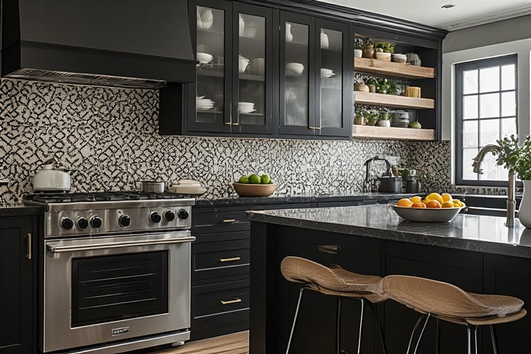 Black Granite with Patterned Backsplash Kitchen Tiles