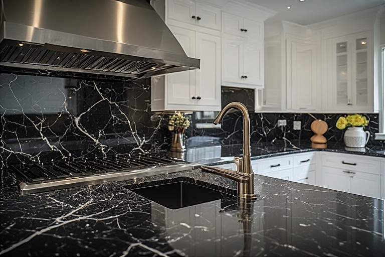 Modern Black Granite Kitchen with White Tiles