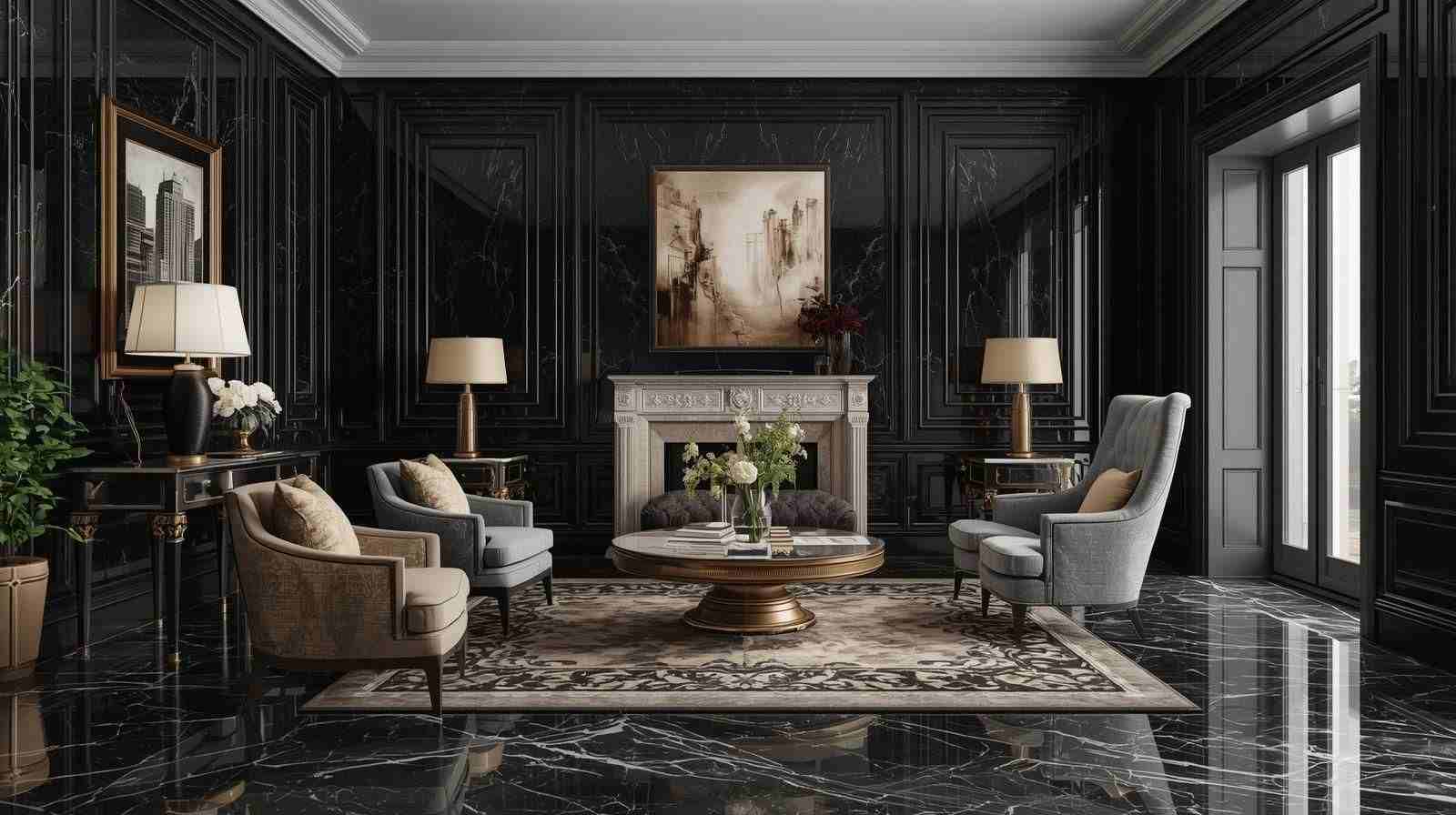 Black Marble Tiles with White Veins Accent