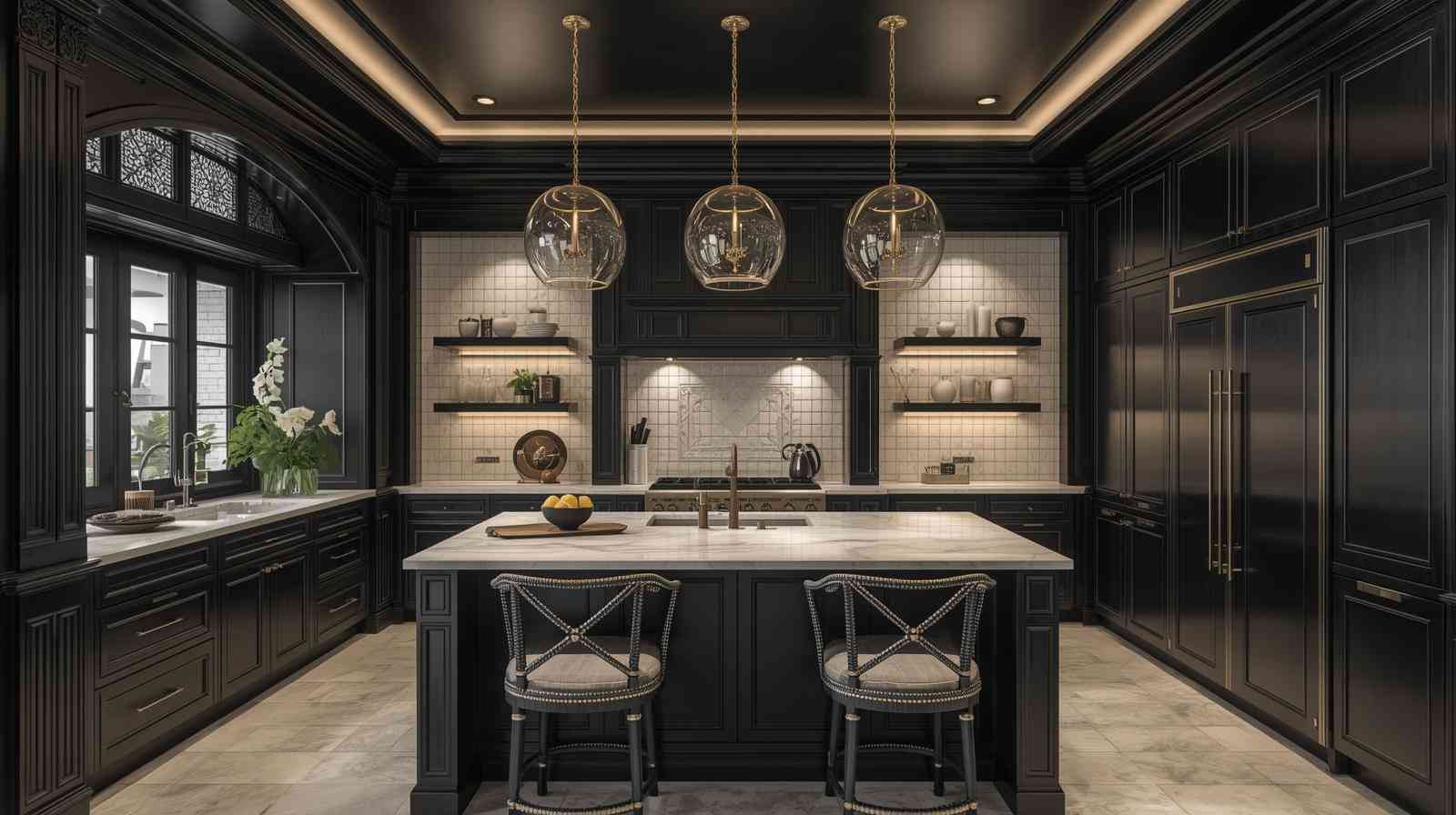 Black painted ceiling with contrasting light tiles enhances visual drama and modern appeal in living spaces.