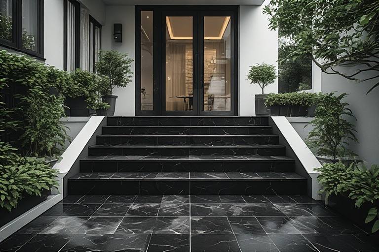 Black and white outside entrance stairs design with monochrome tiles