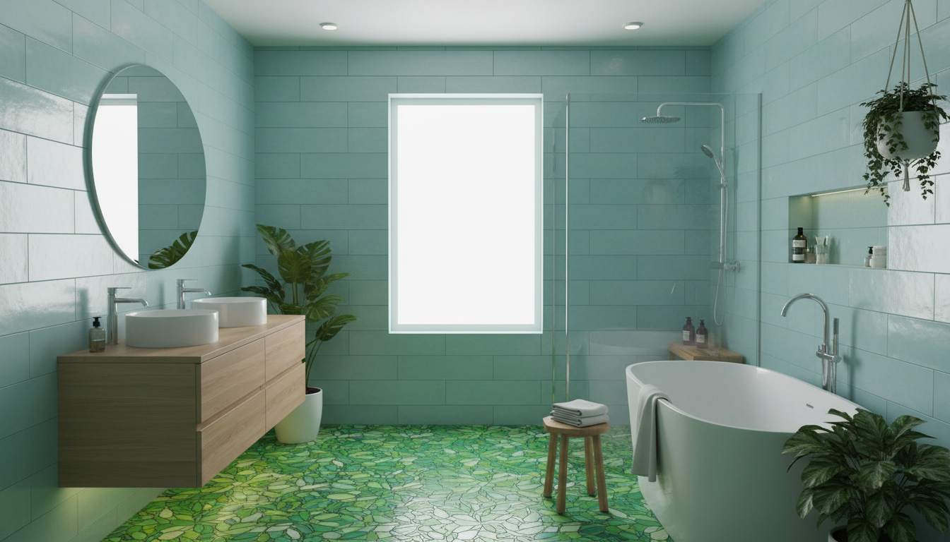 Blue and green combination bathroom tiles for a spa feel