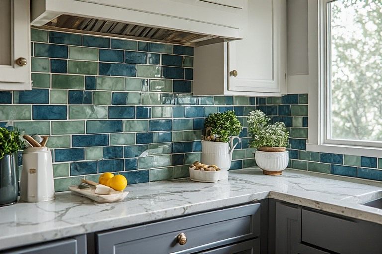 Blue and green combination tiles for kitchen backsplash