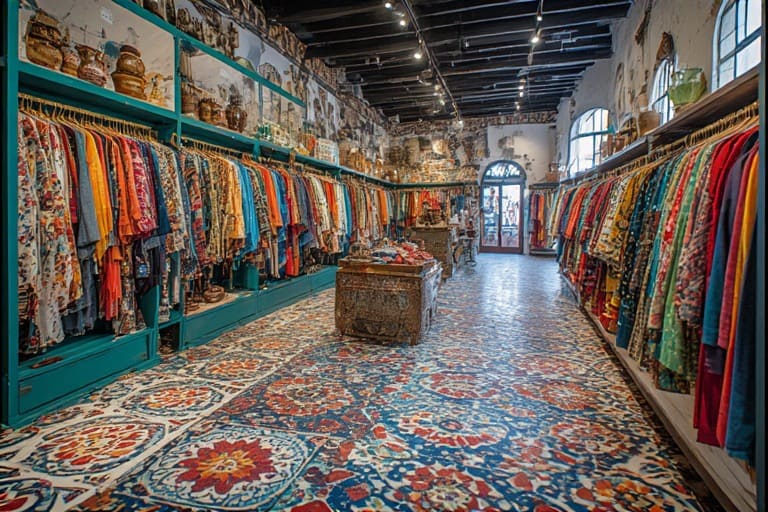 Bohemian cloth shop design with colorful patterned floor tiles for a creative retail space