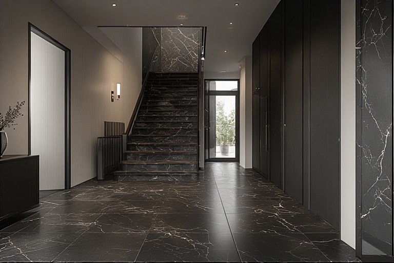 Bold and dramatic stairs colour design in Nero Marquina