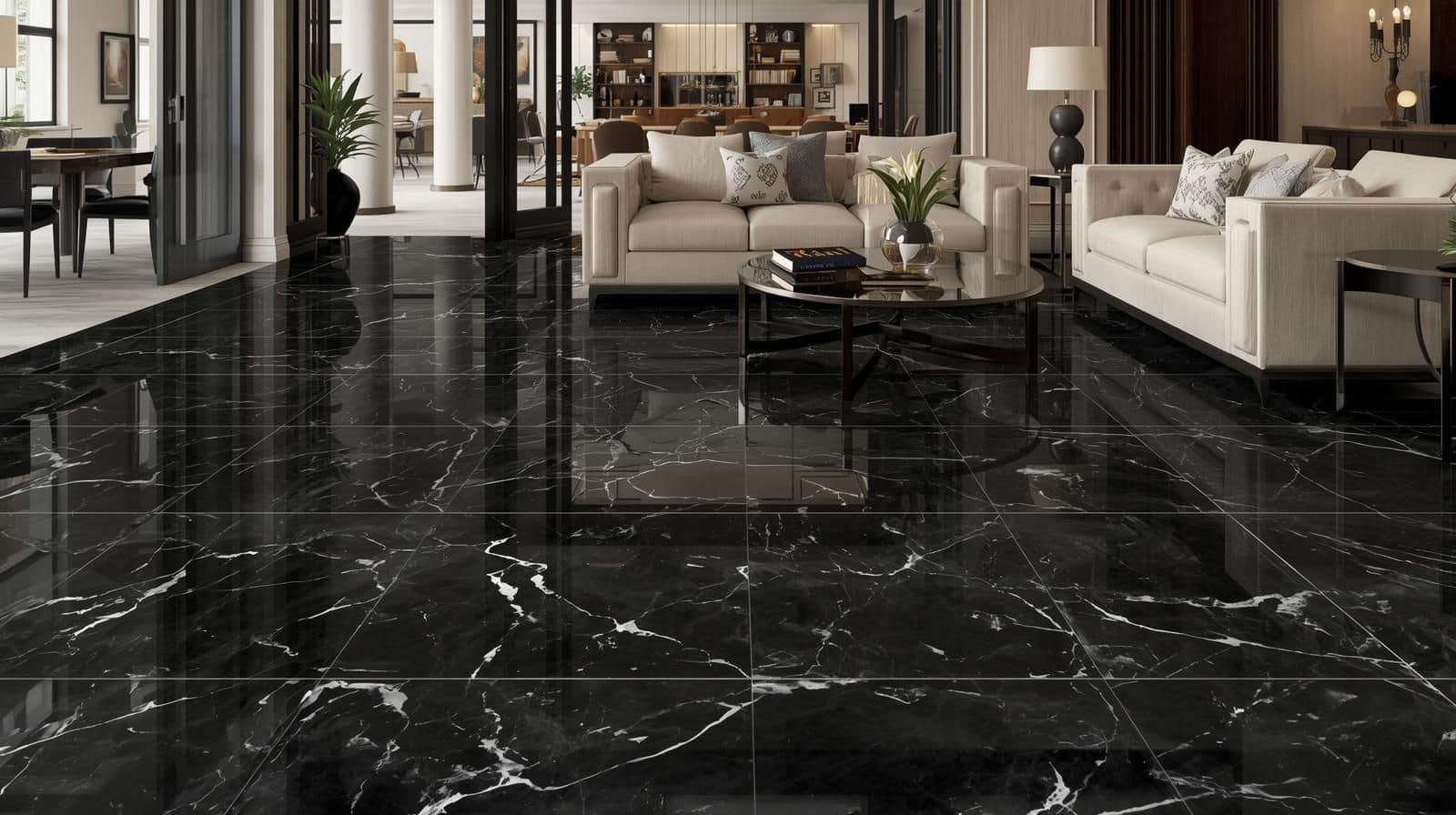 Bold Black Marble Texture Flooring in Living Rooms.
