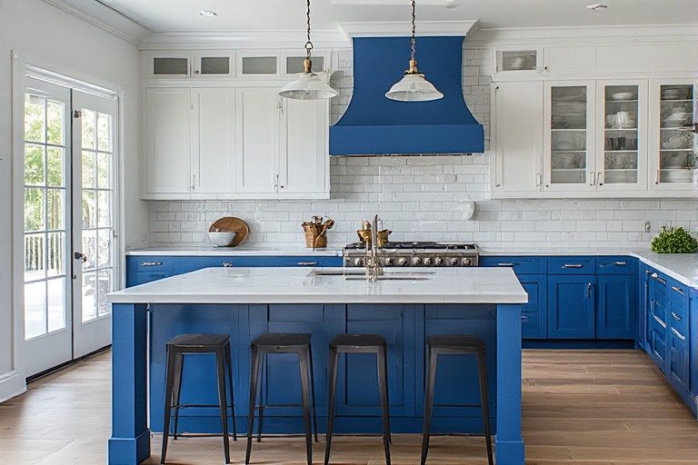 Bold blue and crisp white kitchen colour combination