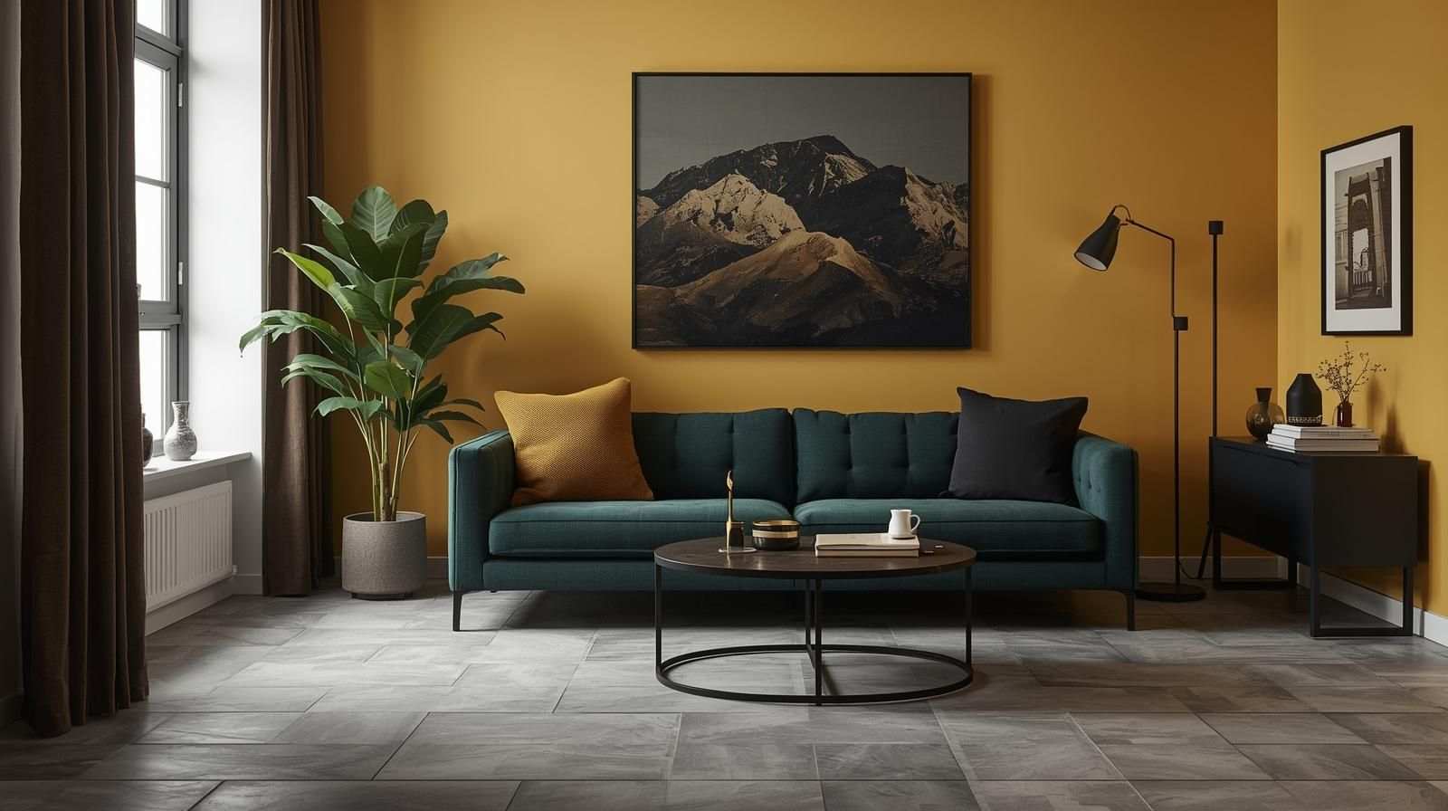 Bold Mustard Walls with Neutral Grey Tiles
