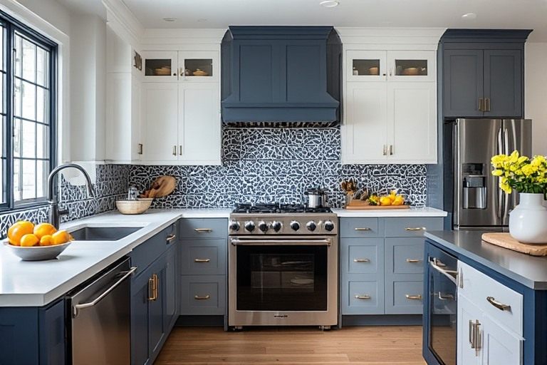Two-tone kitchen design with geometric tiles.