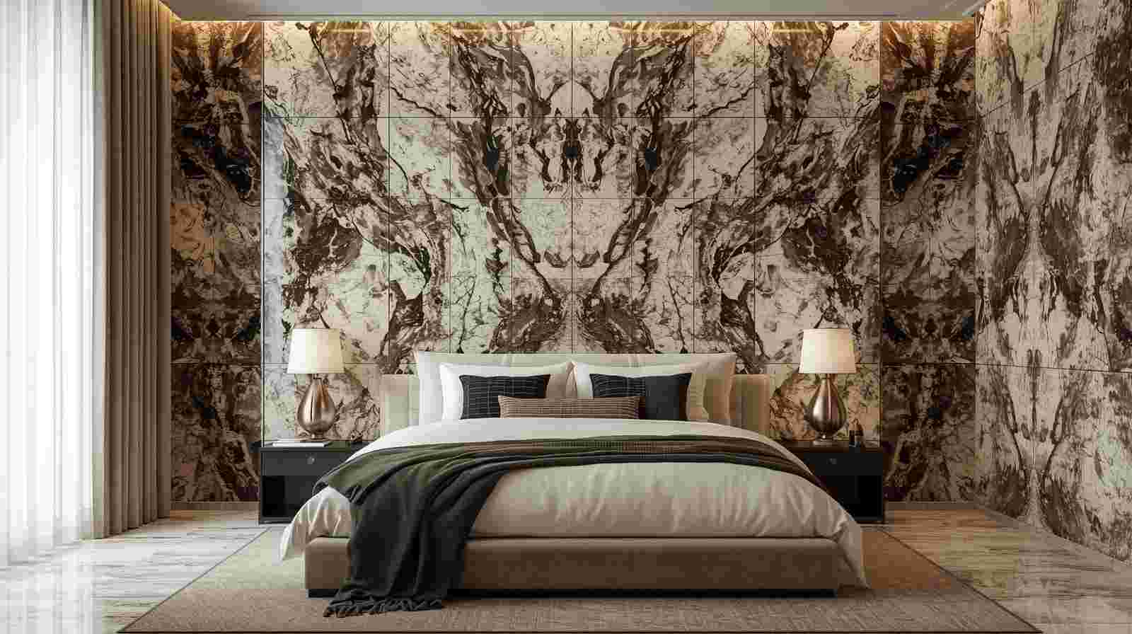 Book-matched marble walls for luxurious bedrooms create a grand and elegant aesthetic with seamless veining patterns that elevate modern interiors.