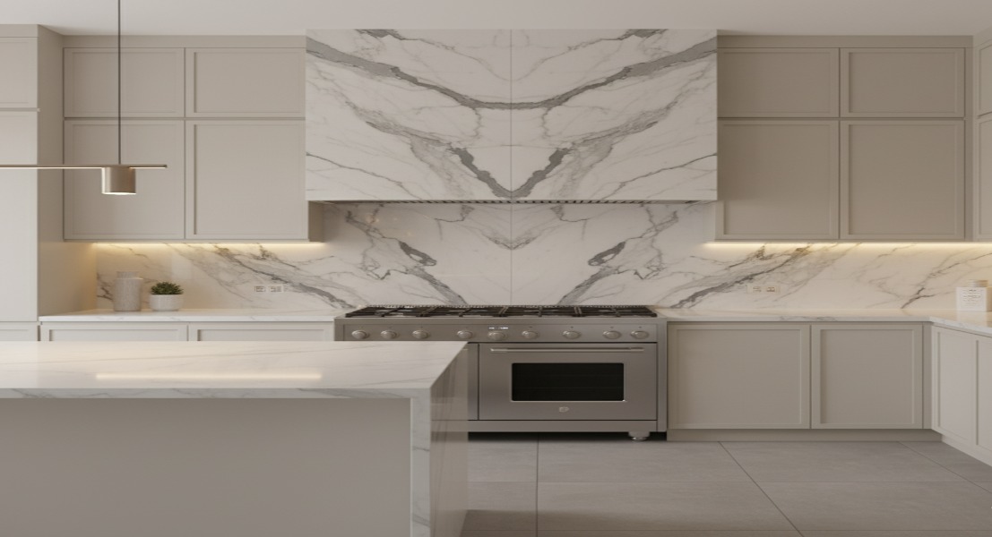 Bookmatched Marble-look Feature Behind the Hob