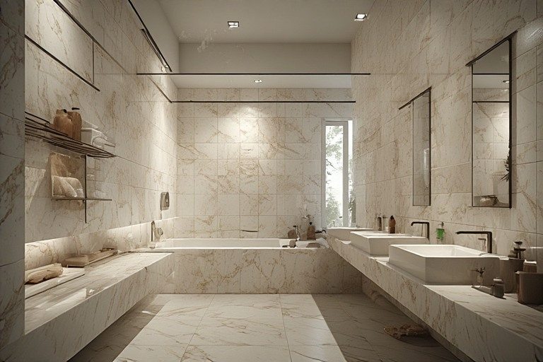 Bright wash area design using large format porcelain slabs.
