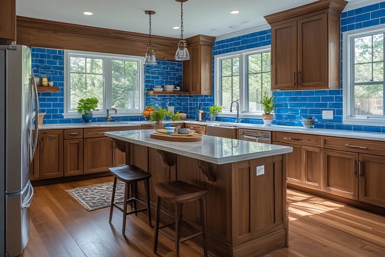 Brown and Blue Combination with Blue Subway Tiles