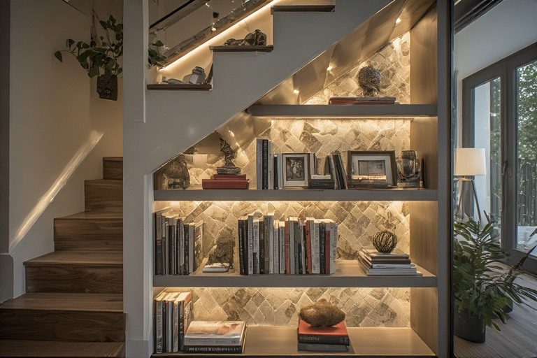 Built in bookshelf under stairs design ideas for living rooms
