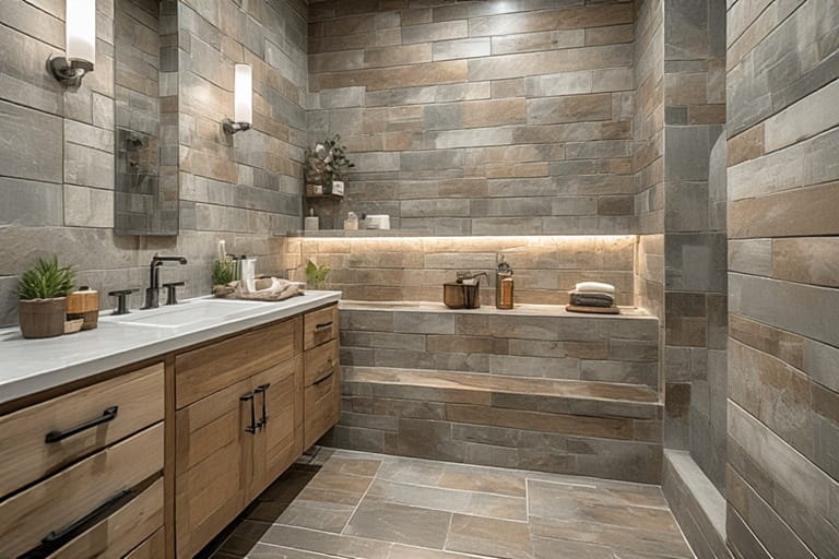 Built-in Niches Storage with Rustic Bathroom Design