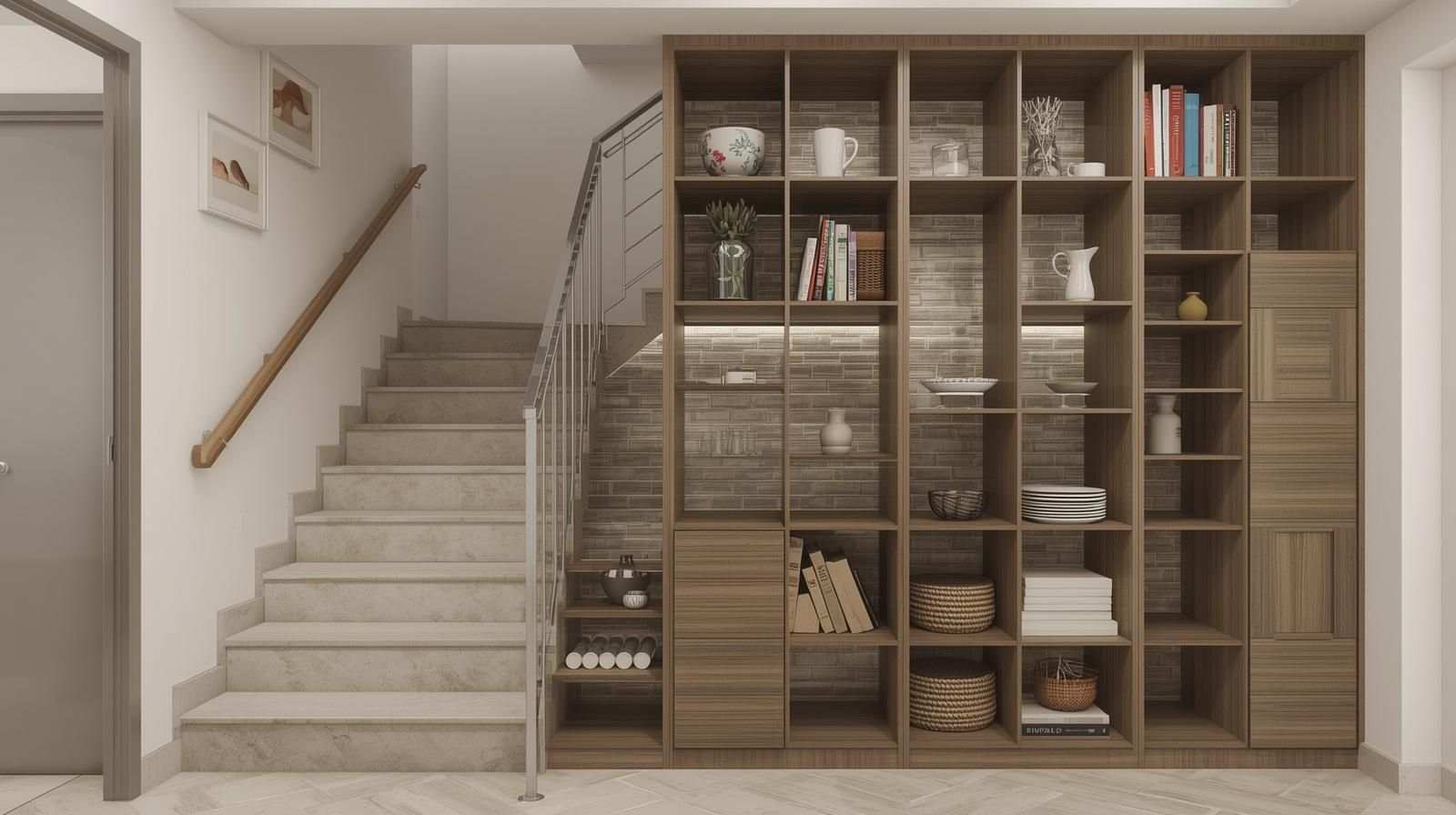 Built-in Storage Staircase Partition with Tile Backdrop